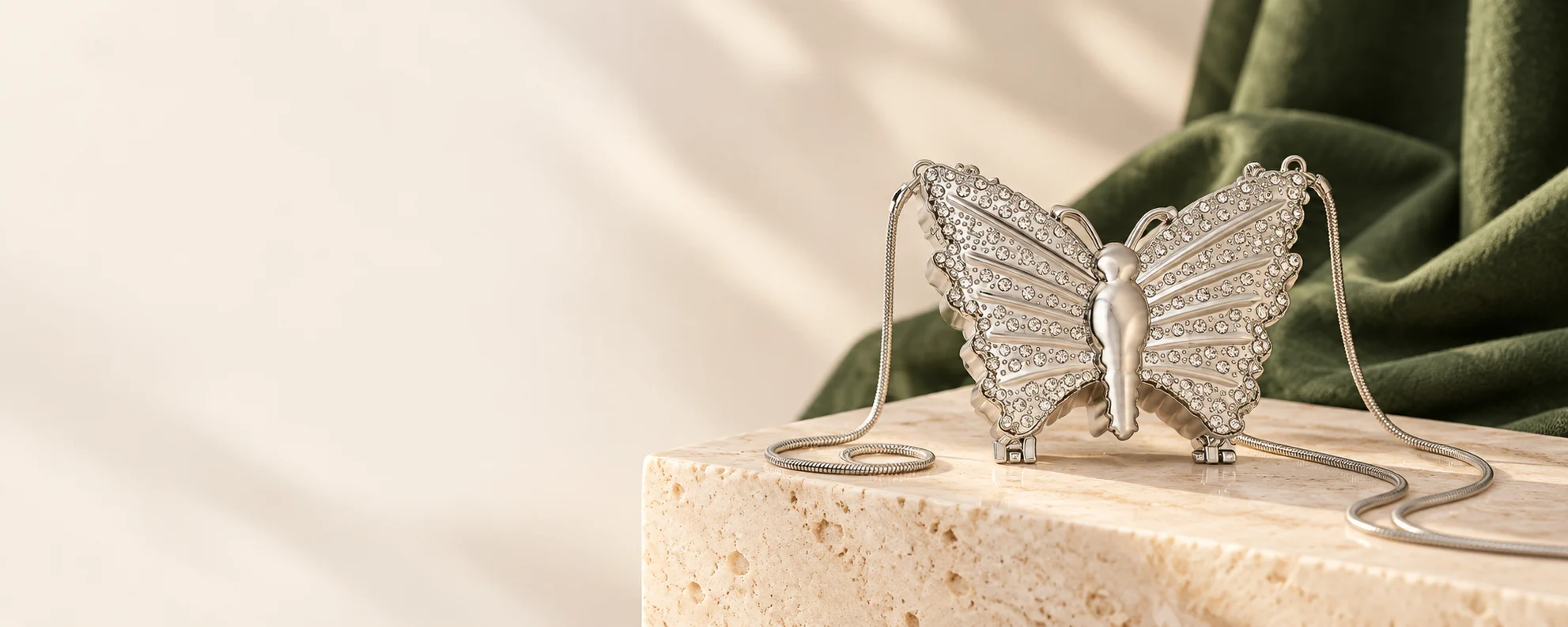 Silver Butterfly Mini Clutch with Chain Strap in an everyday home setting