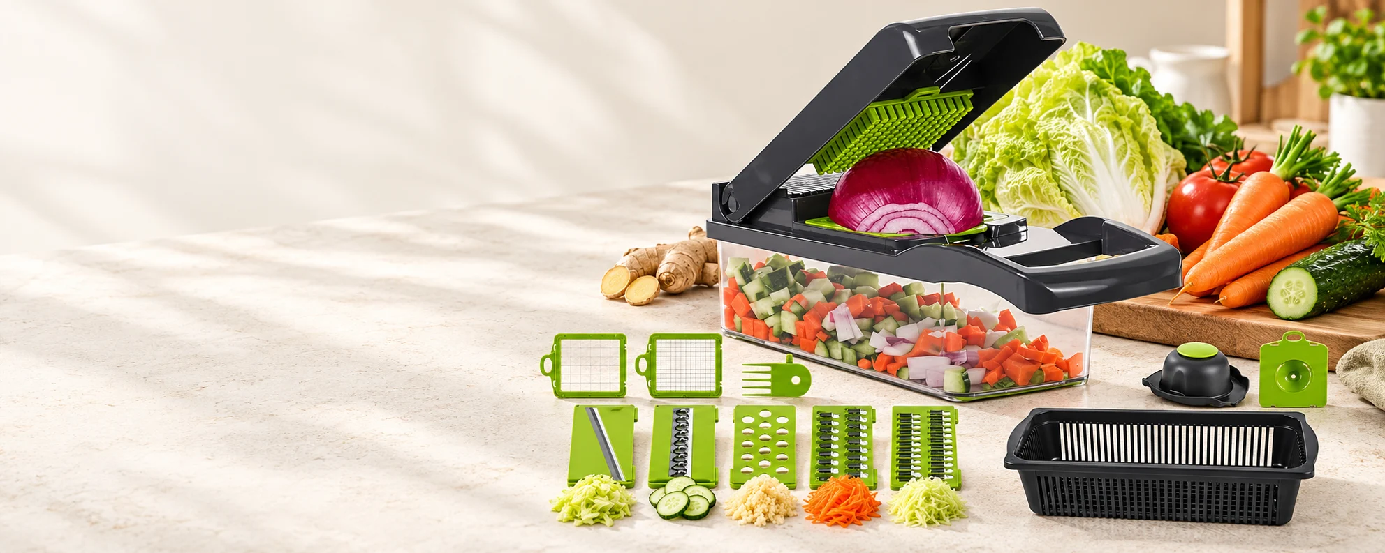 16-in-1 Vegetable Chopper & Slicer with Container in an everyday home setting
