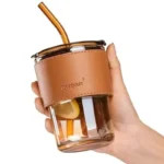 Bamboo Joint Glass Cup with Lid & Straw | 13oz Can-Shaped Tumbler with Leather Sleeve - Image 6