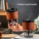 Bamboo Joint Glass Cup with Lid & Straw | 13oz Can-Shaped Tumbler with Leather Sleeve - Image 3
