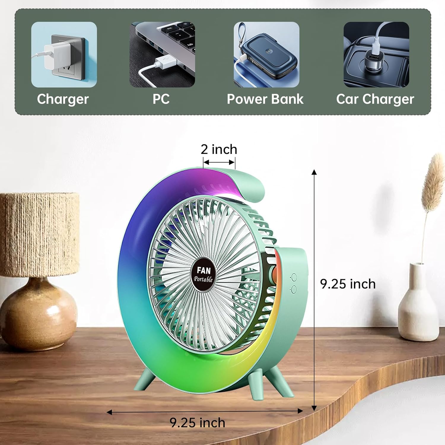 7140yO0JmgL._AC_SL1500__1748113634.jpg Colorful USB Rechargeable Desktop Fan | Silent Cooling, LED Ambient Light, 3-Speed Rotation - Image 1