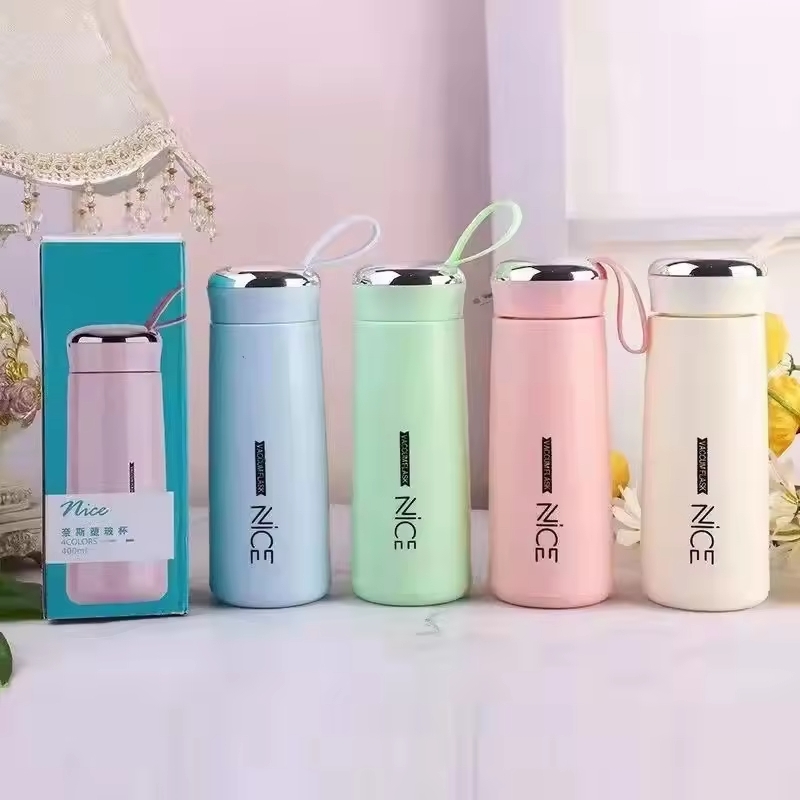 He7156be7a0024bc3b068fa531a446881v_1728912945.jpg Nice Bottle | 400ml Mini Flask Glass Water Bottle with Vacuum Insulation | Temperature Resistant | Random Colors - Image 1