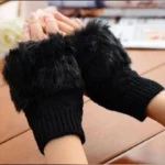 Women’s Faux Fur Fingerless Knitted Gloves | Warm Winter Hand Wrist Warmers | Soft, Stylish & Comfortable | Black - Image 4