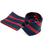 Navy & Red Regal Striped Tie with Pocket Square Set | Premium Men’s Formal Tie Set | Classic Striped Design - Image 2