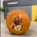 Round Retro Crossbody Handbag | Caramel Faux Leather with Artistic Print for Women - Image 4