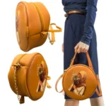 Round Retro Crossbody Handbag | Caramel Faux Leather with Artistic Print for Women - Image 6