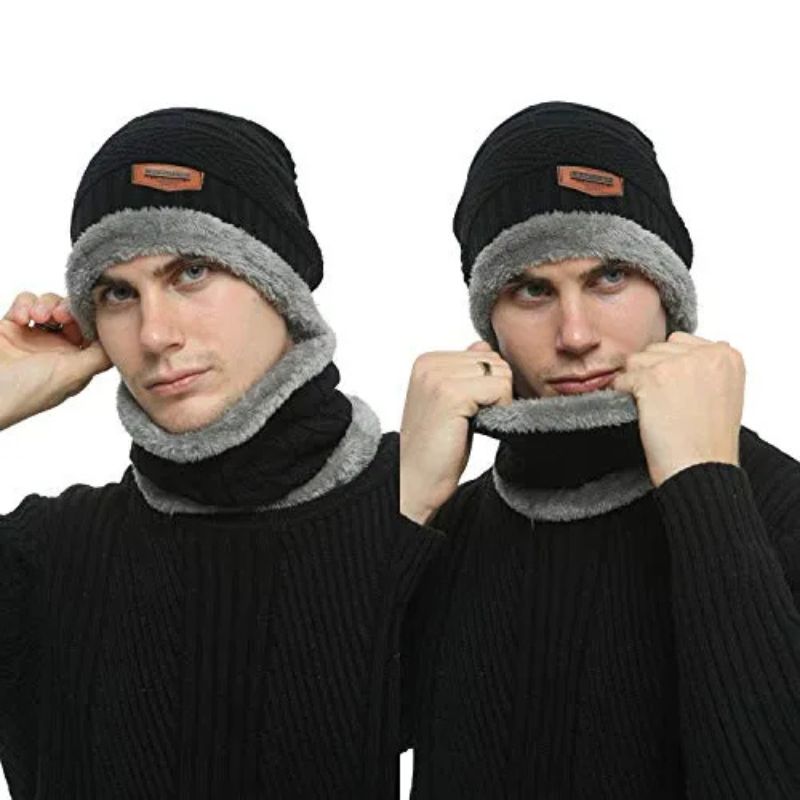 Untitleddesign36_1761125561.jpg Winter Wool Cap with Neck Warmer Set | Thermal Beanie & Scarf Combo for Men and Women | Black And Gray - Image 1