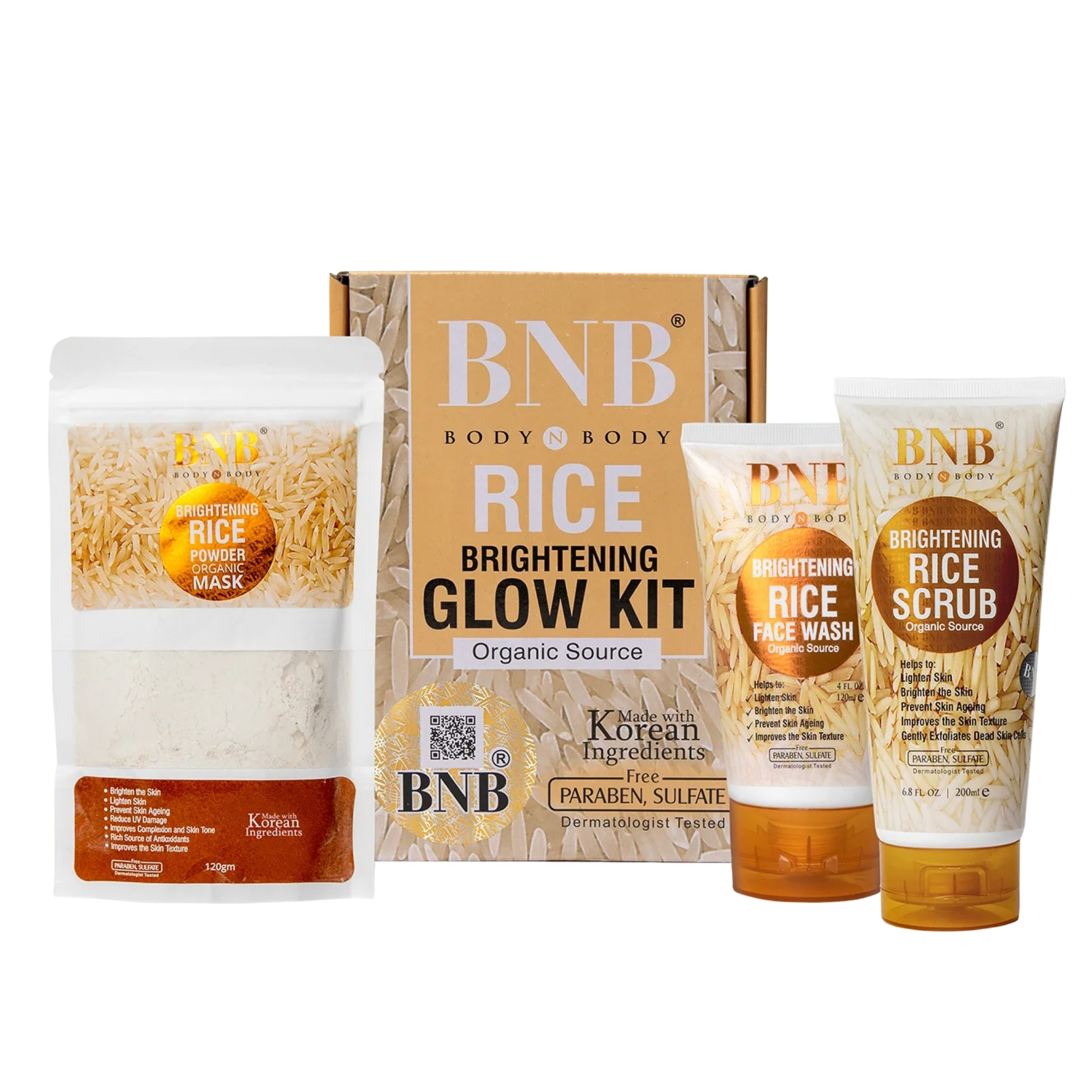 bnb1_1758105816.jpg BNB Rice Extract Bright & Glow Facial Kit | 3-in-1 Whitening, Brightening & Hydrating Skincare - Image 1