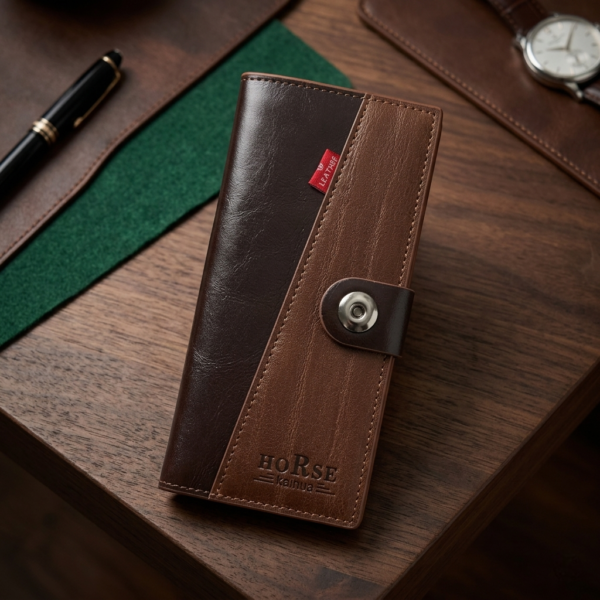 Dual-Tone Long Wallet with Card Slots – Dark Brown